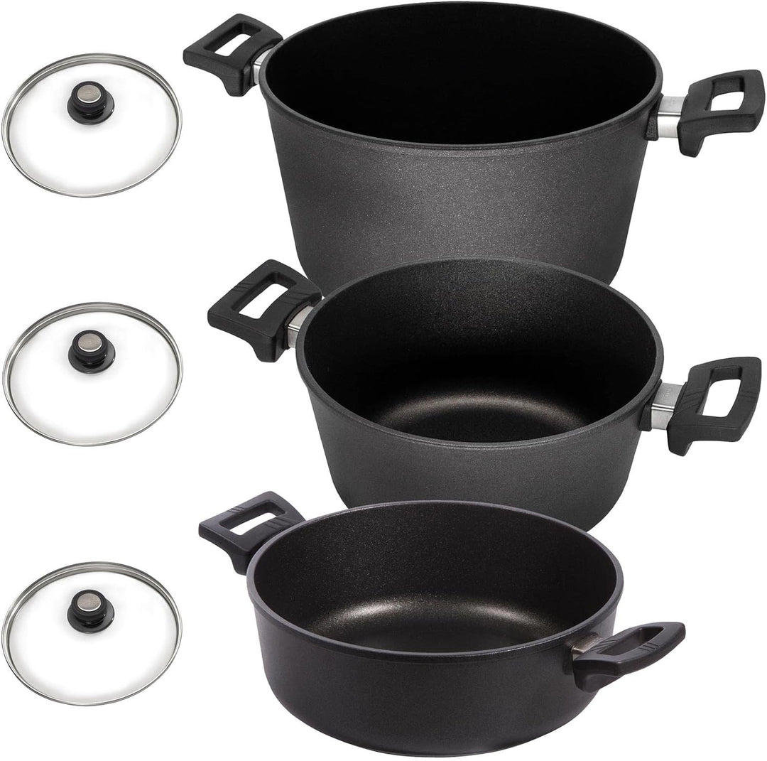 Eurolux Universal-Topfset Induktion Aluguss beschichtet 6-teilig - schwarze Koch-Töpfe Set & Glas-De