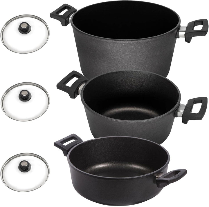 Eurolux Universal-Topfset Aluguss beschichtet 6-teilig - schwarze Koch-Töpfe Set & Glas-Deckel 24/24