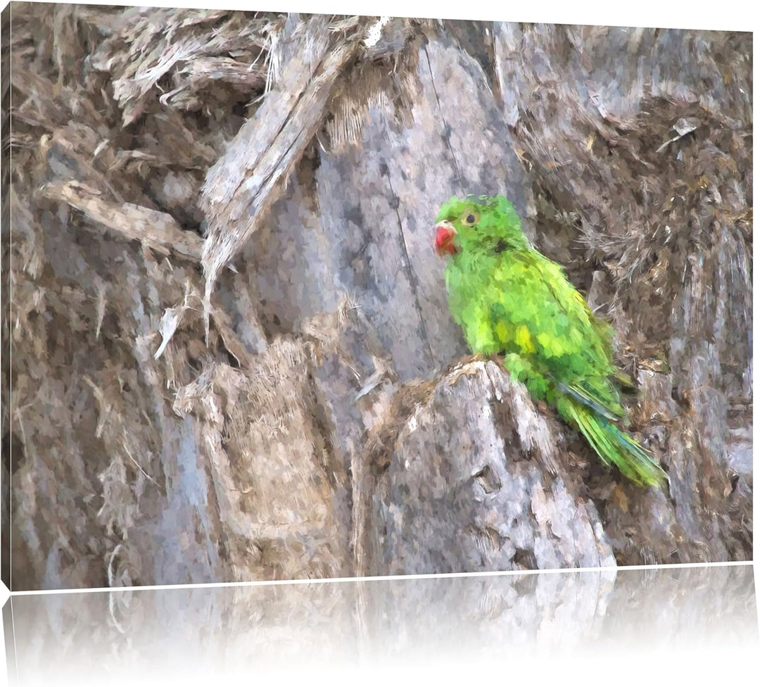 grüner Papagei im Gehölz Spezial Format: 100x70 cm auf Leinwand, XXL riesige Bilder fertig gerahmt m