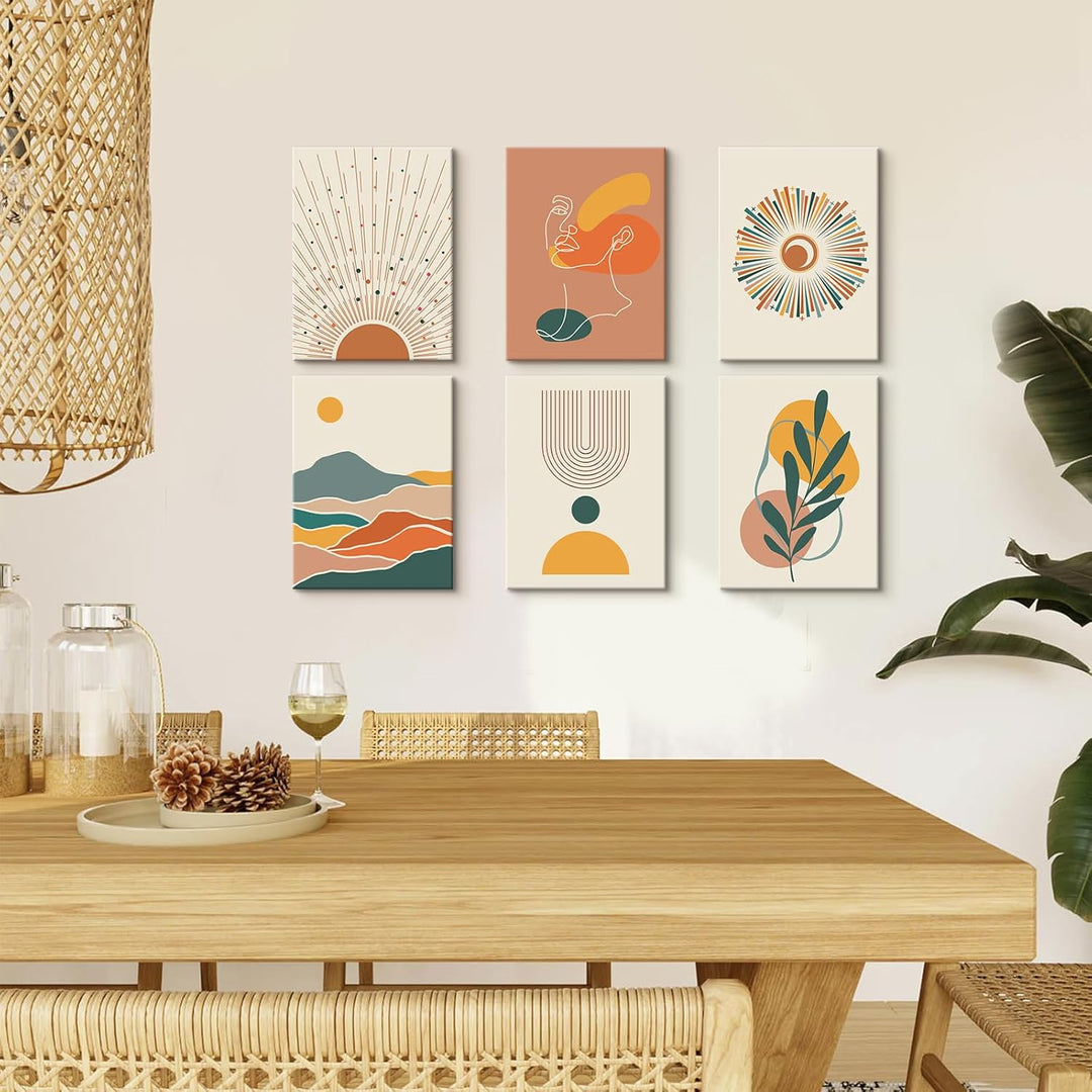 6Pcs Leinwand Bilder Set Mit Rahmen Boho Beige Geometrische Linien Bild auf Leinwand Bohemian Bunte