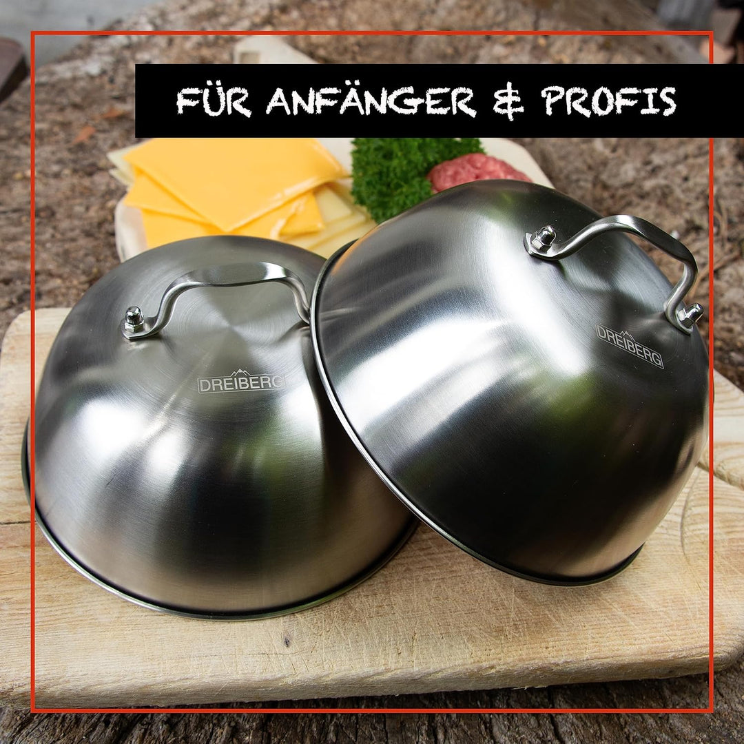 DREIBERG® Burgerglocke 2er Set – Edelstahl Schmelzglocke für Cheeseburger. Schmelz- und Abdeckhaube