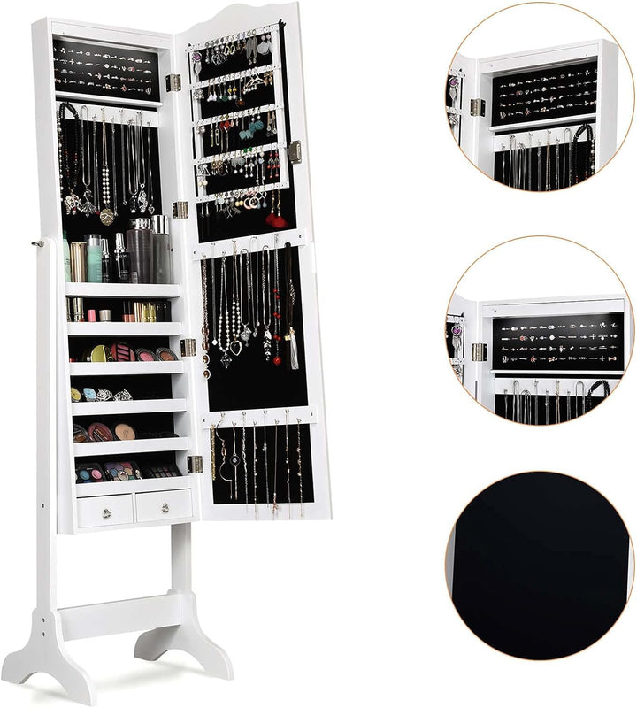 DREAMADE Schmuckschrank mit 14 LED Leuchten, abschliessbares Schmuckregal mit Ganzkörperspiegel, fre