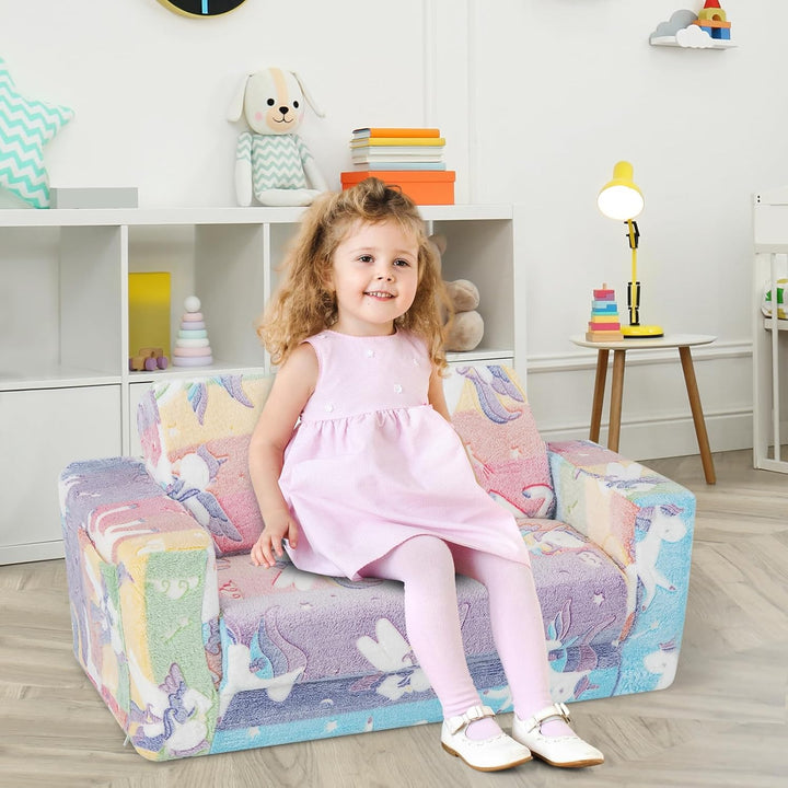 COSTWAY 2 in 1 Kindersessel im Dunkeln Leuchtend, ausklappbares Kindersofa mit abnehmbarem Bezug & S