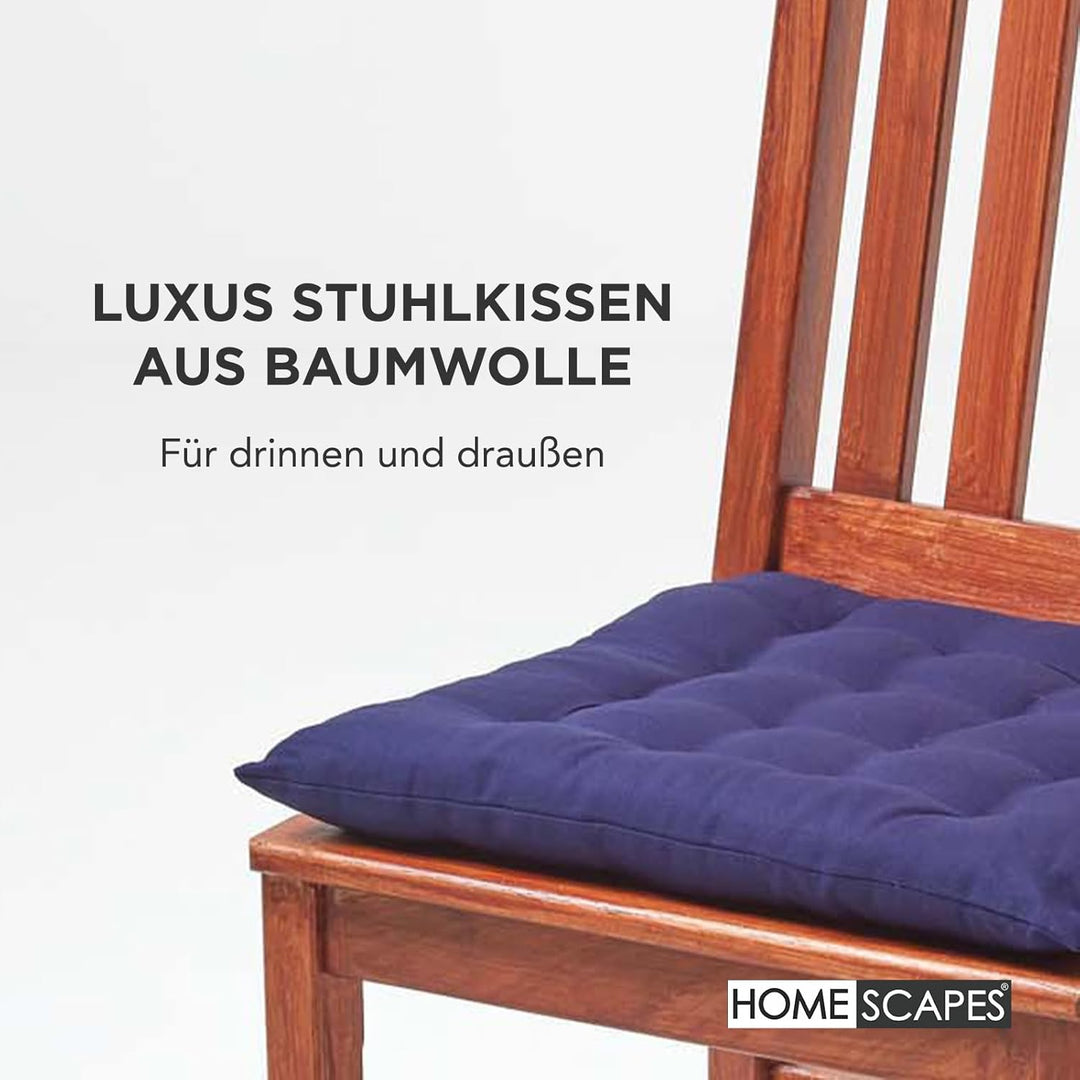 Homescapes 4er Set Stuhlkissen 40 x 40 cm, dunkelblau, Sitzkissen mit Bändern und Knopfverschluss, e