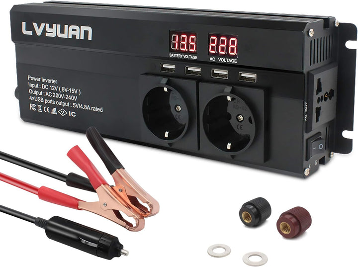 Cantonape Spannungswandler 12V 230V /1000w (2000w Peak Wechselrichter mit 3 Steckdose und 4 USB LED