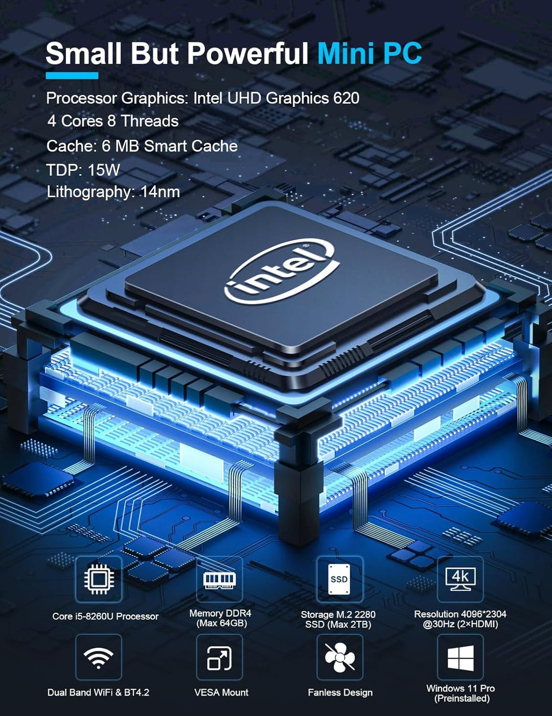 Baieyu Industrial Lüfterloser Mini Computer Core i5-7300U PC Lüfterlos Vorinstalliertes Windows 10 P