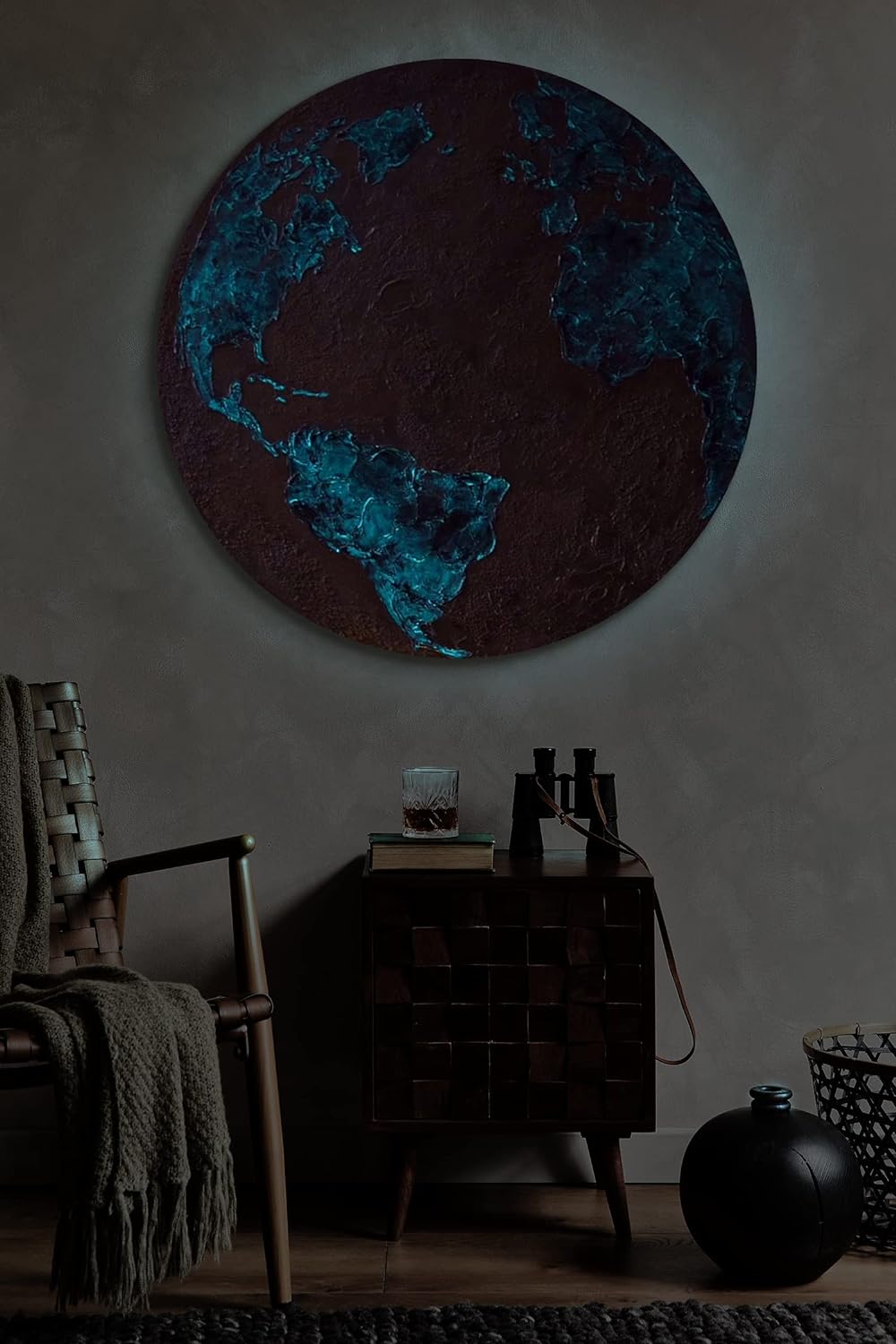 YS-Art Abstrakt Fluoreszierendes leuchtendes Acryl 3D Gemälde auf runder Leinwand Silberner Planet h