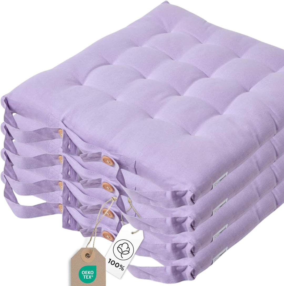 Homescapes 4er Set Stuhlkissen 40 x 40 cm, helles violett, Sitzkissen mit Bändern und Knopfverschlus