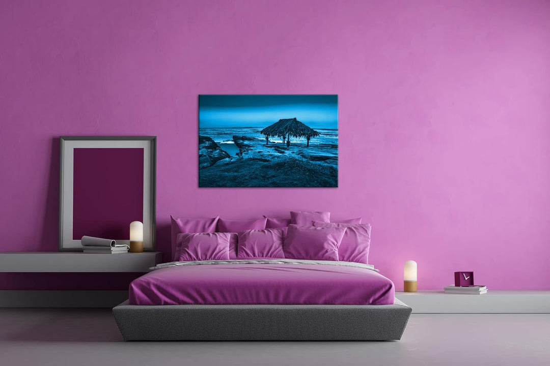 deyoli tropische Hütte am Strand Format: 80x60 Effekt: Monocrome Blau als Leinwand, Motiv fertig ger