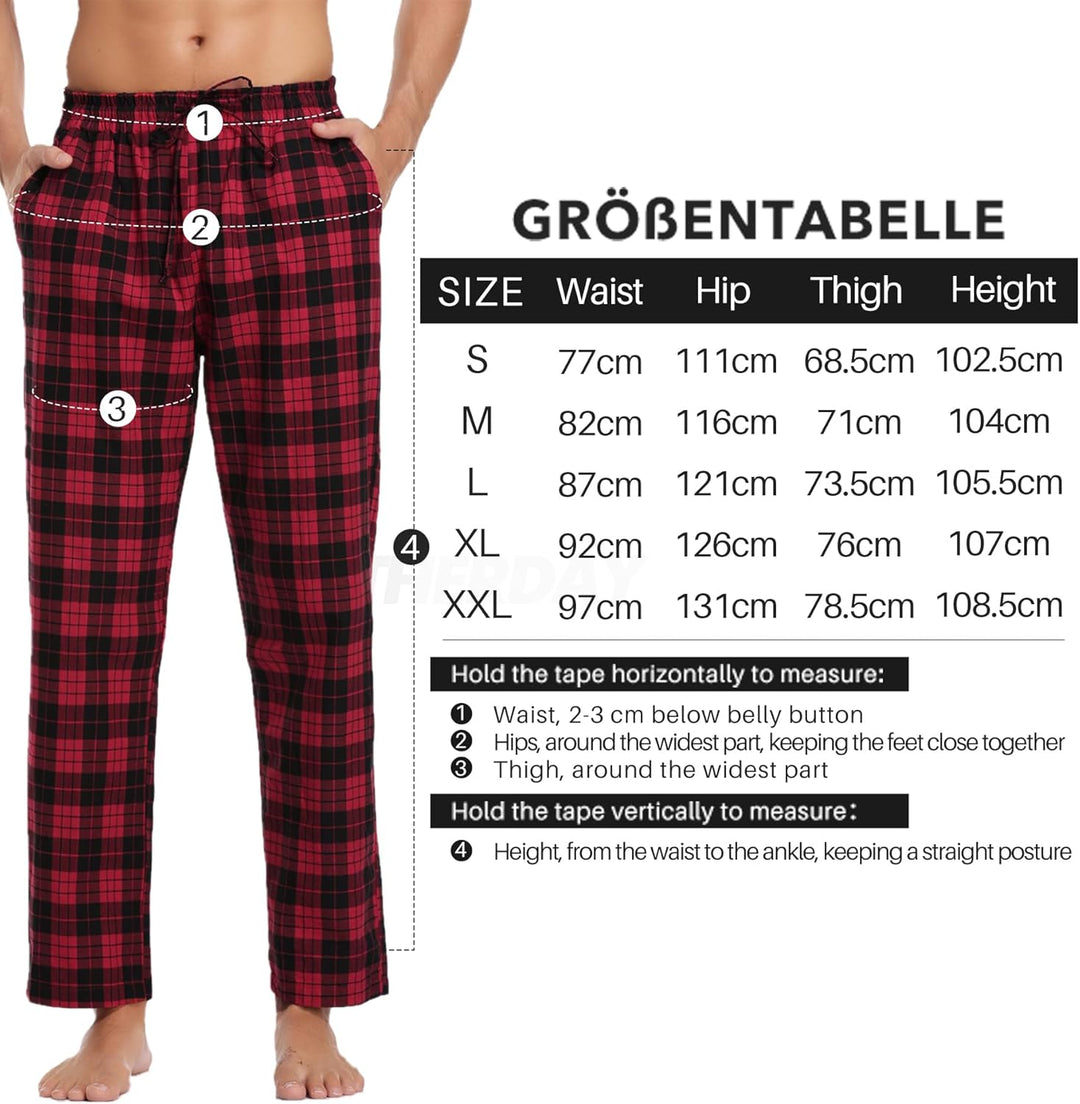 Litherday Schlafanzughose Herren Lang Kariert Pyjamahose 100% Baumwolle Nachtwäsche hose mit Taschen