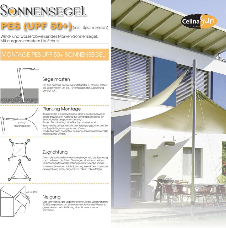 CelinaSun Sonnensegel PES Quadrat 3,6x3,6m Creme weiss UPF 50+ Premium Sonnenschutz inkl Befestigung