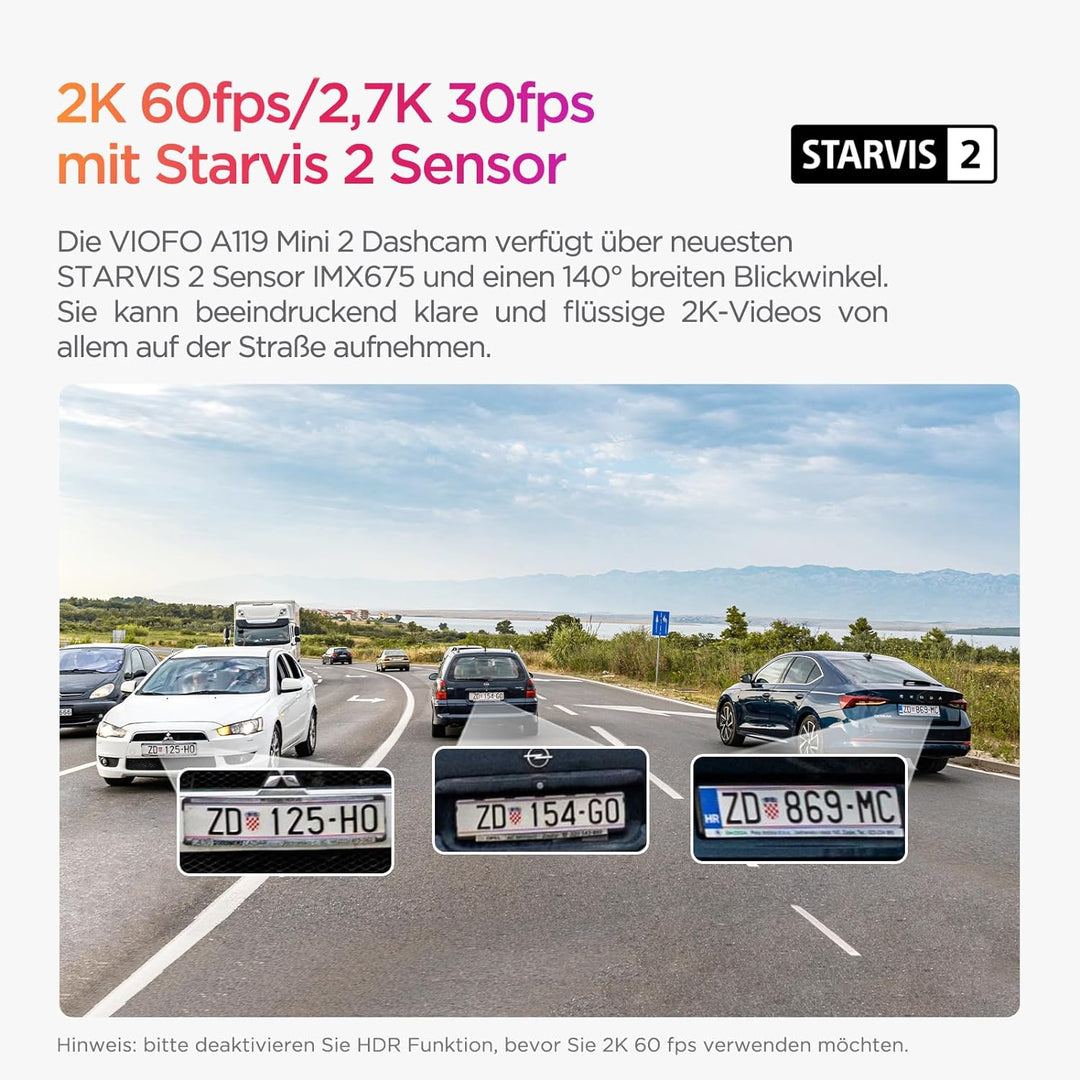 VIOFO Dashcam A119 Mini 2, Front 2,7K 5GHz Wi-Fi, 2K 60fps/HDR 30fps Sprachsteuerung, STARVIS 2 Verb