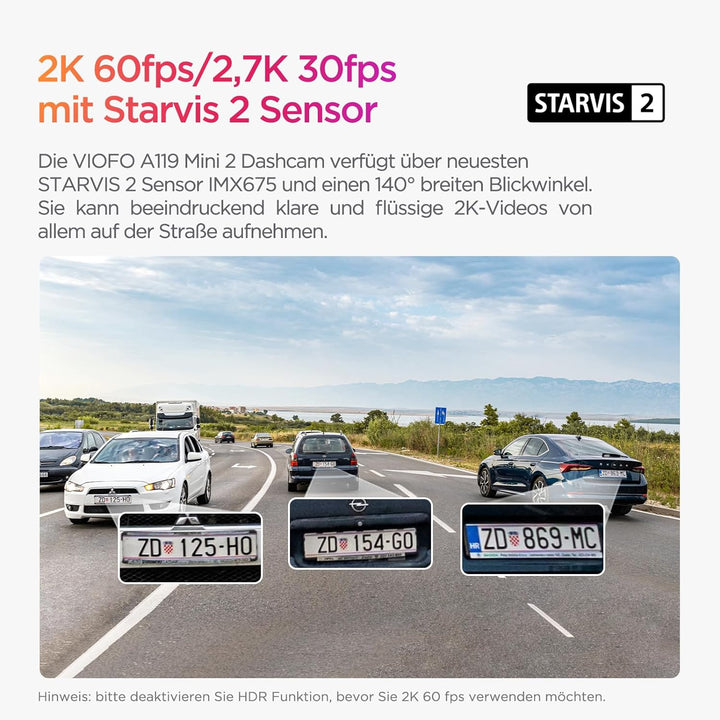 VIOFO Dashcam A119 Mini 2, Front 2,7K 5GHz Wi-Fi, 2K 60fps/HDR 30fps Sprachsteuerung, STARVIS 2 Verb