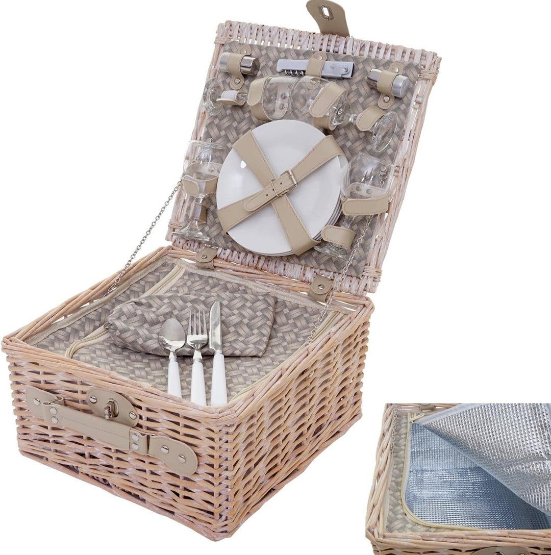 Mendler Picknickkorb-Set-AM für 4 Personen, Picknicktasche + Kühlfach, Porzellan Glas Edelstahl, bei