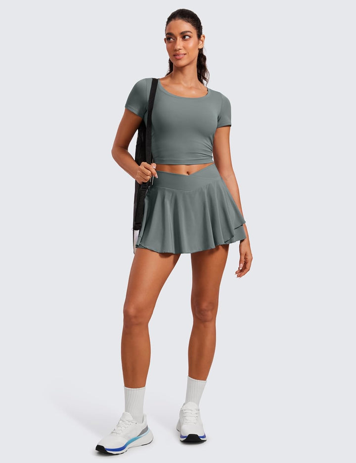 CRZ YOGA Damen Tennis Rock mit Hose Tennisrock Crossover High Waist Skort Golfrock Wanderrock Skater
