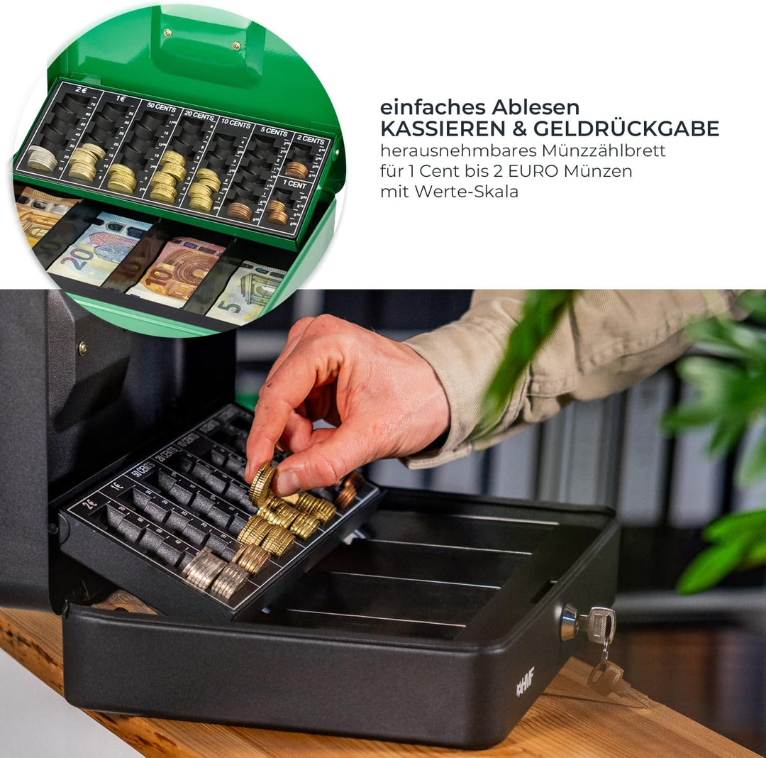 HMF 4215-06 Geldkassette abschliessbar mit Münzzählbrett | 30,5 x 24 x 8,5 cm | Grün, Grün