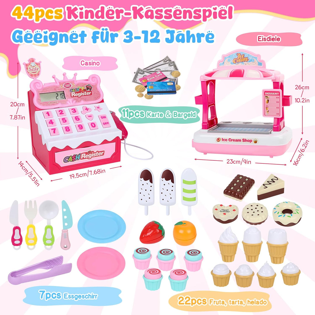 Charmofun Kasse Spielzeug mit Eisdiele für Kinder - inkl. 48 Zubehör (15 Eiscreme, 5 Kuchen, 7 Beste