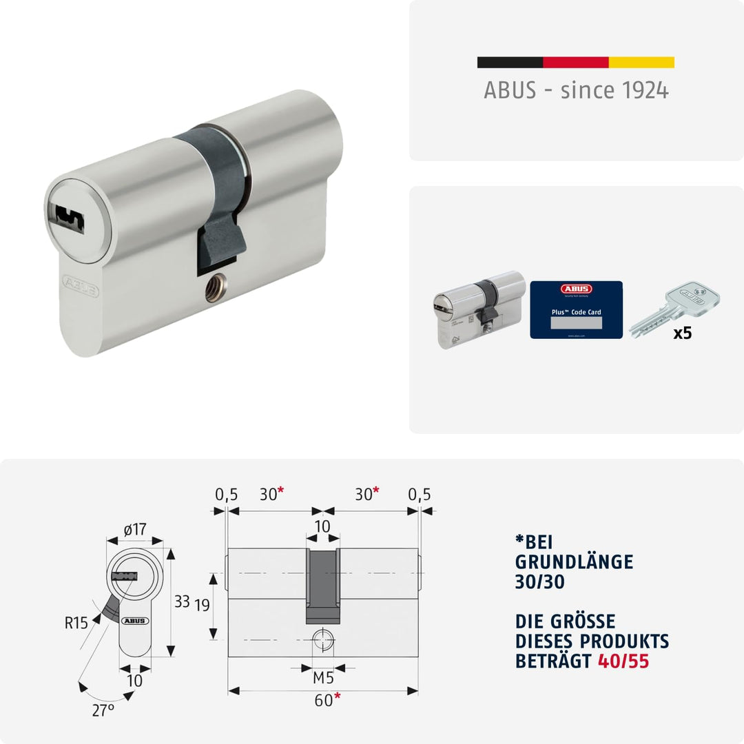 ABUS Profilzylinder D6XNP 40/55 inklusive 5 Schlüssel, 49476 Nickel Perle 40/55, Nickel Perle 40/55
