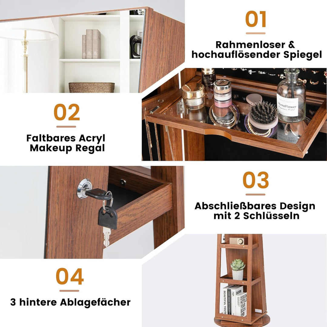 COSTWAY Schmuckschrank mit LED, Spiegelschrank 360° drehbar, mit rahmenlosem Ganzkörperspiegel, Schm