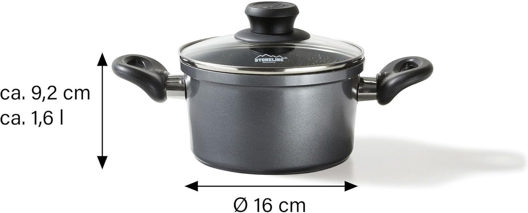 Stoneline Kochtopf 16 cm, mit Deckel, Induktion, Aluguss, beschichtet mit echten Steinpartikeln, gra