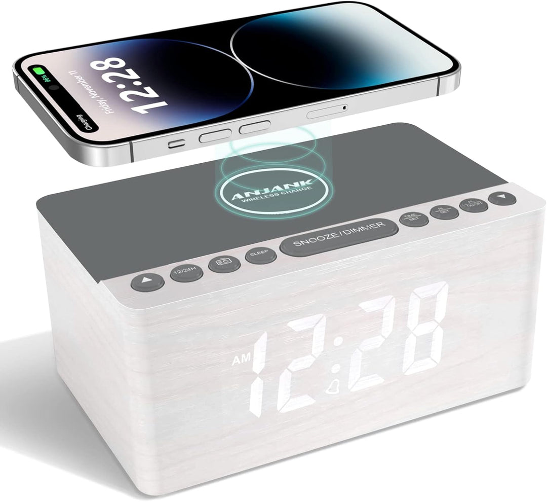 ANJANK Hölzerner Radio wecker Digital mit kabelloses Laden,10W Fast Wireless Charger for Iphone/Andr