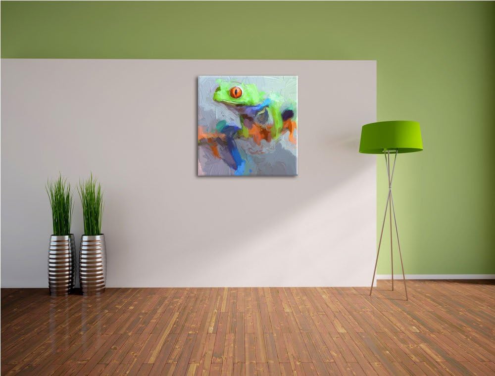 Grüner Frosch auf Ast, Format: 70x70 auf Leinwand, XXL riesige Bilder fertig gerahmt mit Keilrahmen,