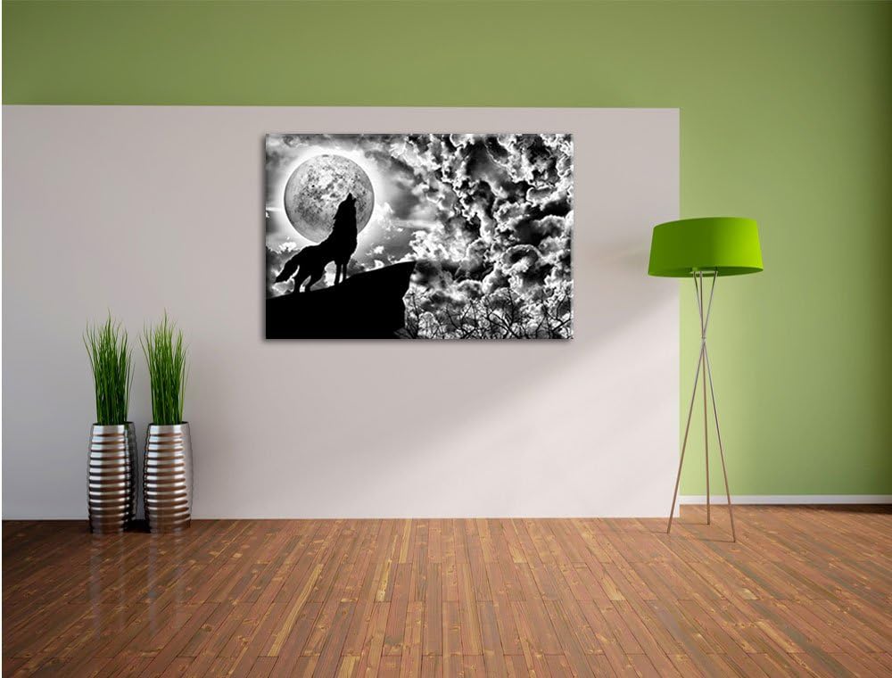 Pixxprint Wolf heult den Mond an als Leinwandbild/Grösse: 100x70 cm/Wandbild/Kunstdruck/fertig bespa