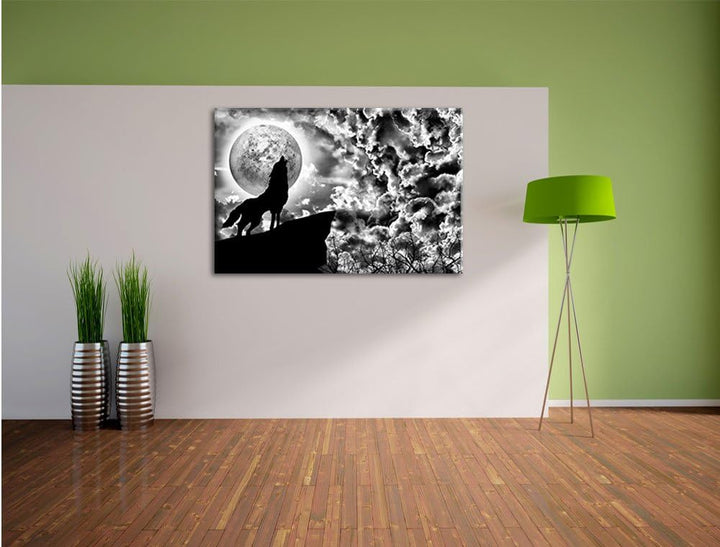 Pixxprint Wolf heult den Mond an als Leinwandbild/Grösse: 100x70 cm/Wandbild/Kunstdruck/fertig bespa