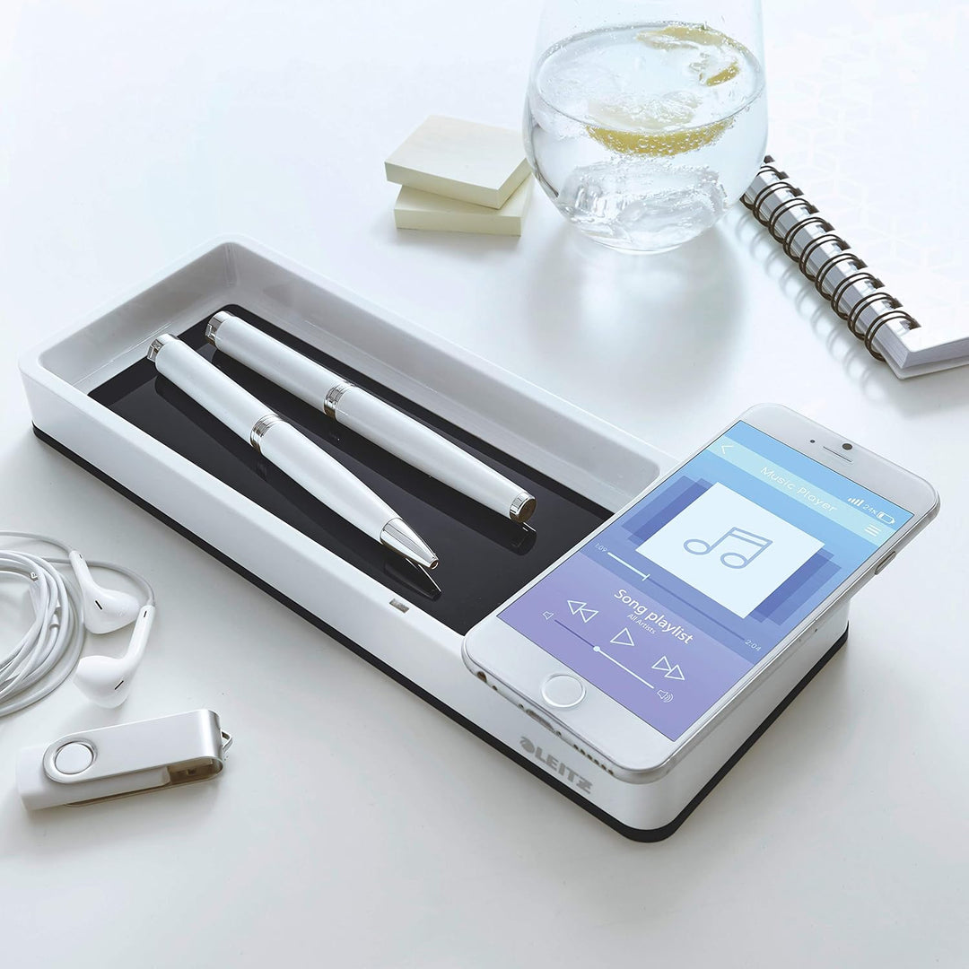 Leitz Stifteschale mit Qi-Induktionsladegerät, Zum kabellosen Laden von Smartphone, Weiss/Schwarz, D