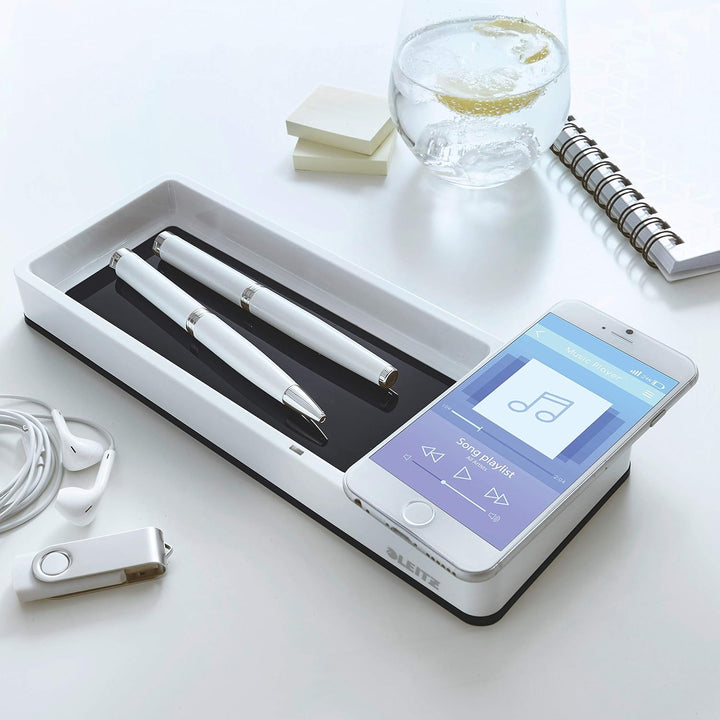 Leitz Stifteschale mit Qi-Induktionsladegerät, Zum kabellosen Laden von Smartphone, Weiss/Schwarz, D