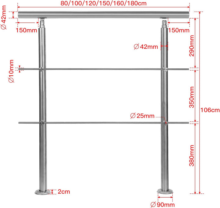 Daromigo 180cm Edelstahl Handlauf GelÀnder mit 2 Querstreben, Handlauf Winkelverstellbar, à 42mm Tre