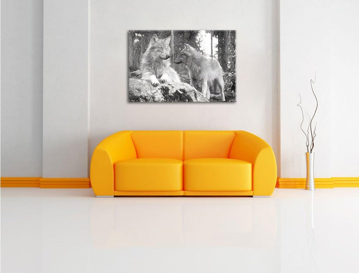 Pixxprint Wölfe im Wald Kunst / 100x70cm Leinwandbild bespannt auf Holzrahmen/Wandbild Kunstdruck De