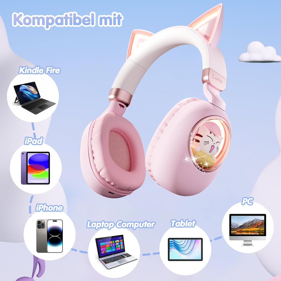 sunvito Kinder Kopfhörer Bluetooth 5.4, LED Beleuchtetes Katzenohr, Faltbarer Over-Ear Kopfhörer mit