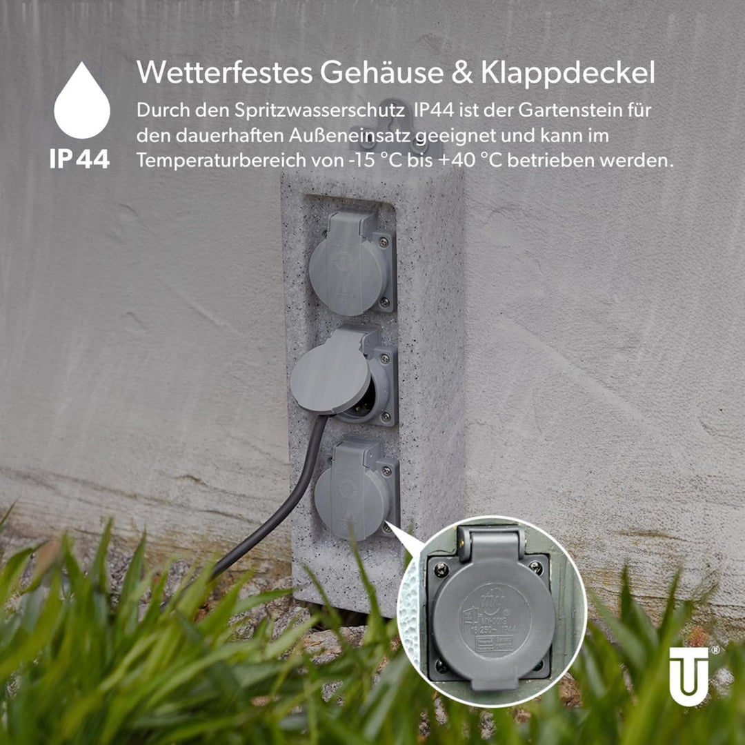 UNITEC Steckdosenverteiler für den Garten in Steinoptik, Gartensteckdose, Aussensteckdose, IP 44, 3