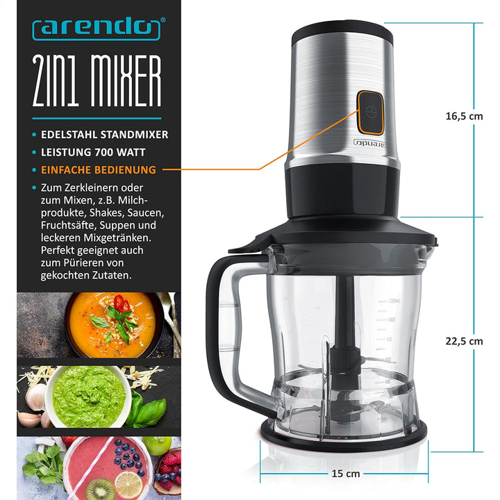 Arendo - Standmixer to Go - Zerkleinerer - Smoothie Maker Edelstahl - 1,2l Fassungsvermögen inkl. 2x