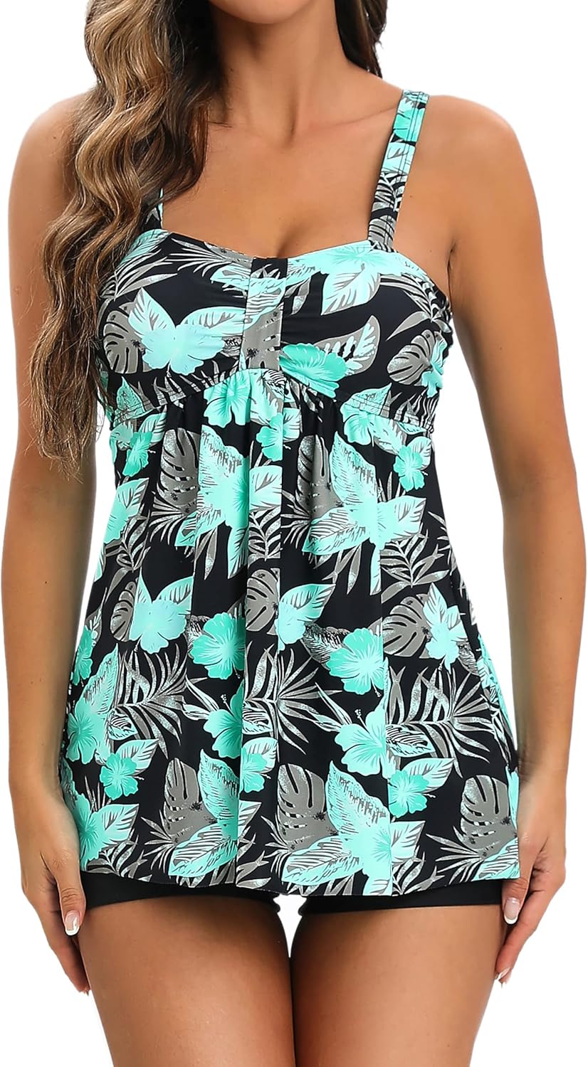 VILOREE Damen Tankini Set Figuroptimizer Zweiteilig Blumen Bademode Mit Hotpants M Grüne Blätter, M