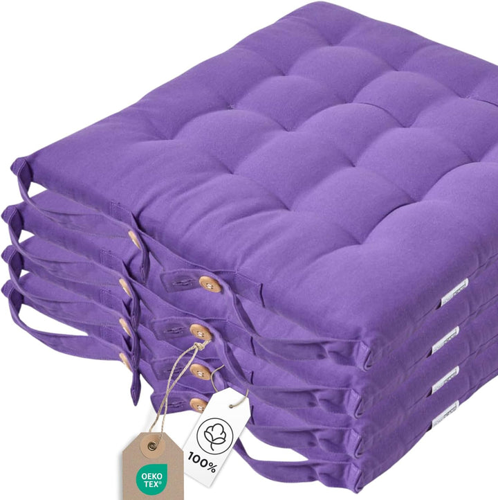 HOMESCAPES 4er Set Stuhlkissen 40 x 40 cm, lila, Sitzkissen mit Bändern und Knopfverschluss, einfarb