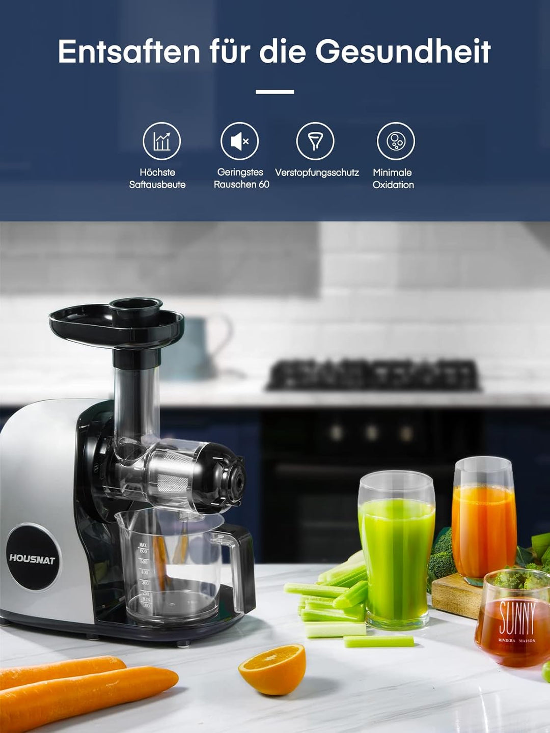 HOUSNAT Slow Juicer, Entsafter GemĂŒse und Obst, Profi Entsafter mit Ruhigem Motor â Umkehrfunktion â