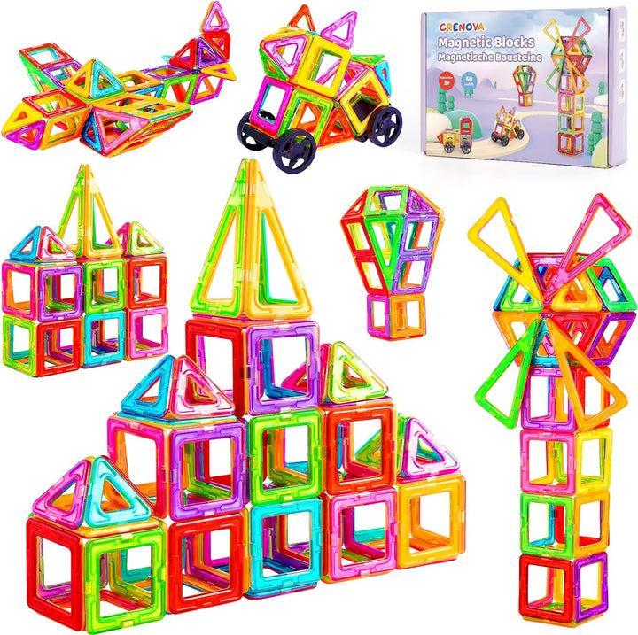 Crenova Magnetische Bausteine 50 Teile Magnetspielzeug Magnete Kinder Magnetbausteine STEM Lernspiel