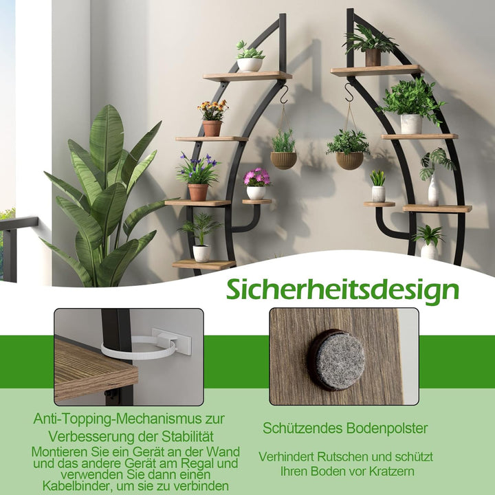 COSTWAY 6-stufiger Metall-PflanzenstÀnder in Halbmondform, Blumenregal mit 2 kleine Ablagen & oberem