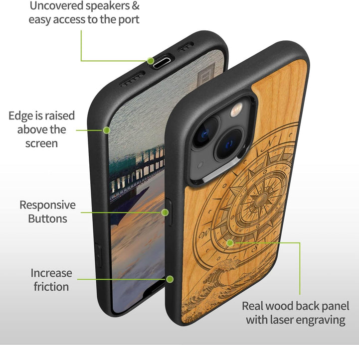 Carveit Handyhülle für iPhone 14 Holz Cover kompatibel mit MagSafe Massivholz für Apple 14 Stossfest