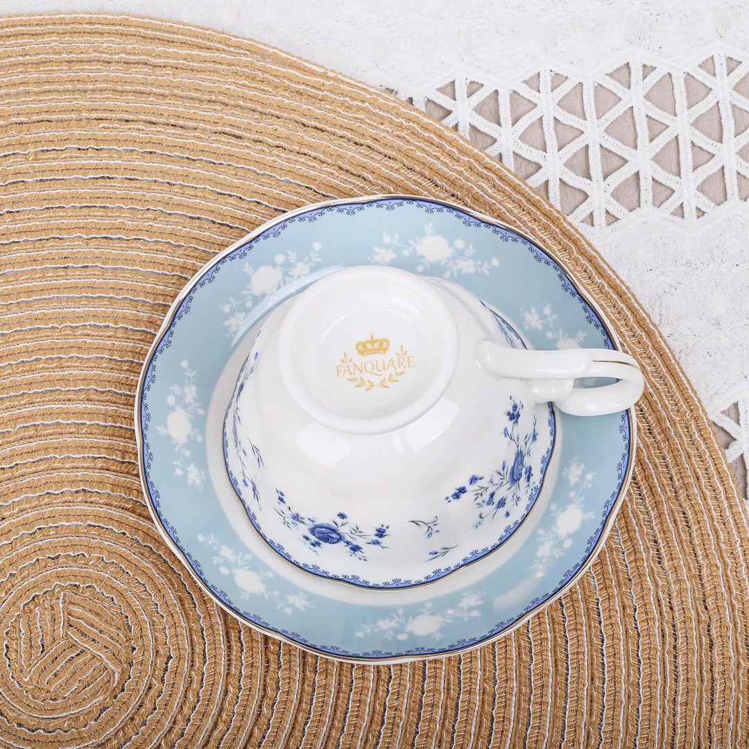 fanquare Blaues Blumenmuster-Teetassen- und Untertassen-Set, 6-teilig, elegante britische Porzellan-