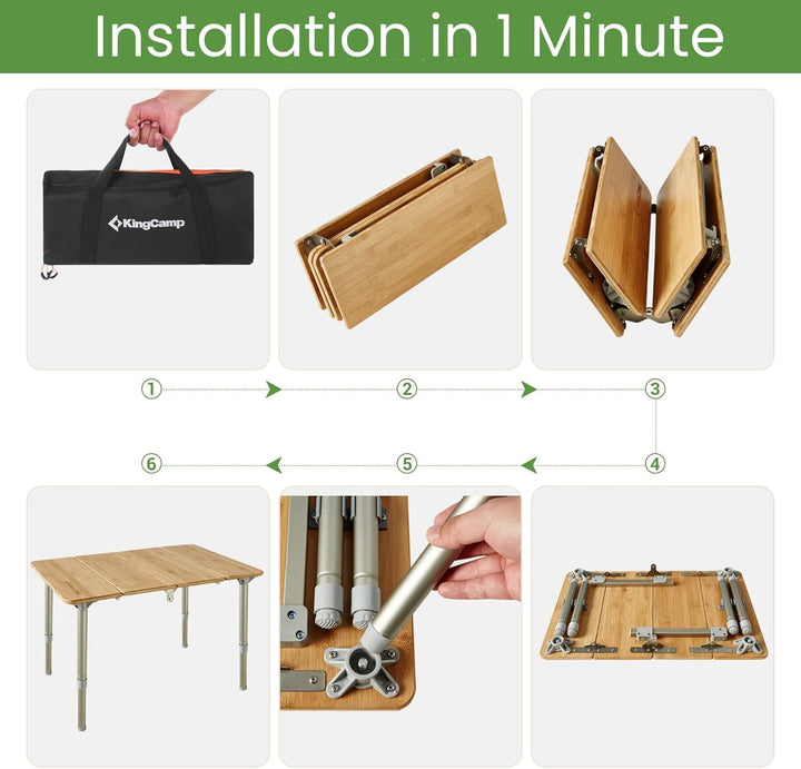 KingCamp Falten Bambus Campingtisch Klapptisch Verstellbare Höhe Aluminiumrahmen für Outdoor Camping