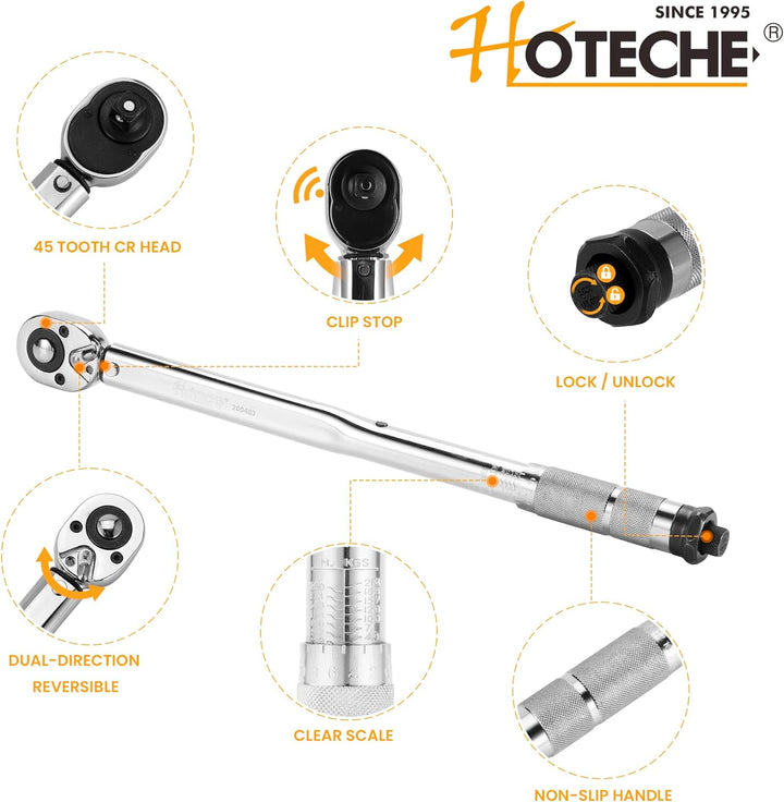 Hoteche Drehmomentschlüssel 1/2 Zoll 28-210Nm mit Hebelumschaltknarre und Stahlrohr für präzises Anz