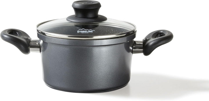 Stoneline Kochtopf 16 cm, mit Deckel, Induktion, Aluguss, beschichtet mit echten Steinpartikeln, gra