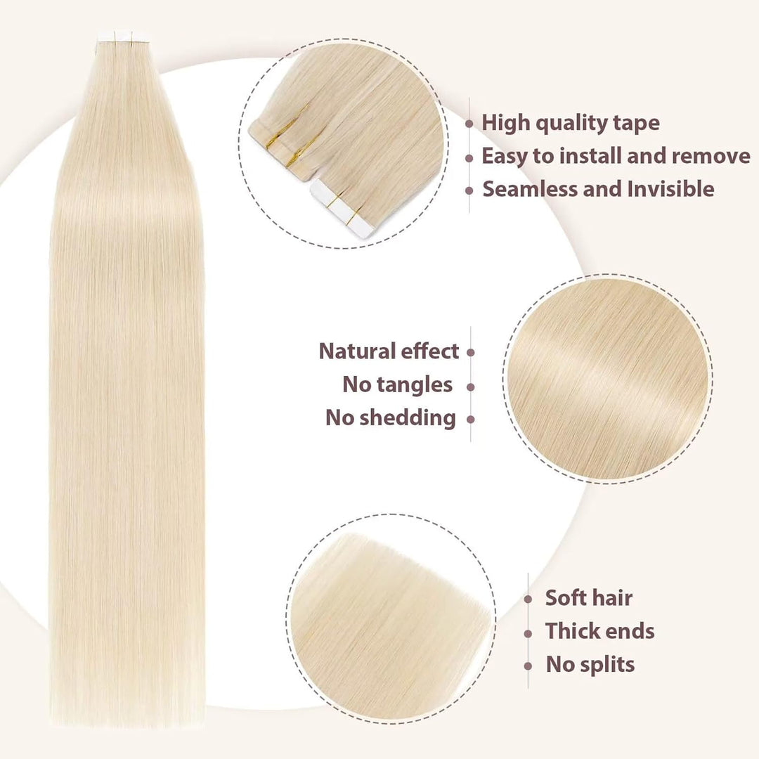 TESS Tape Extensions Echthaar #60 Weissblond 50 cm Klebeband Haarverlängerung 20er Pack Glatt Remy T