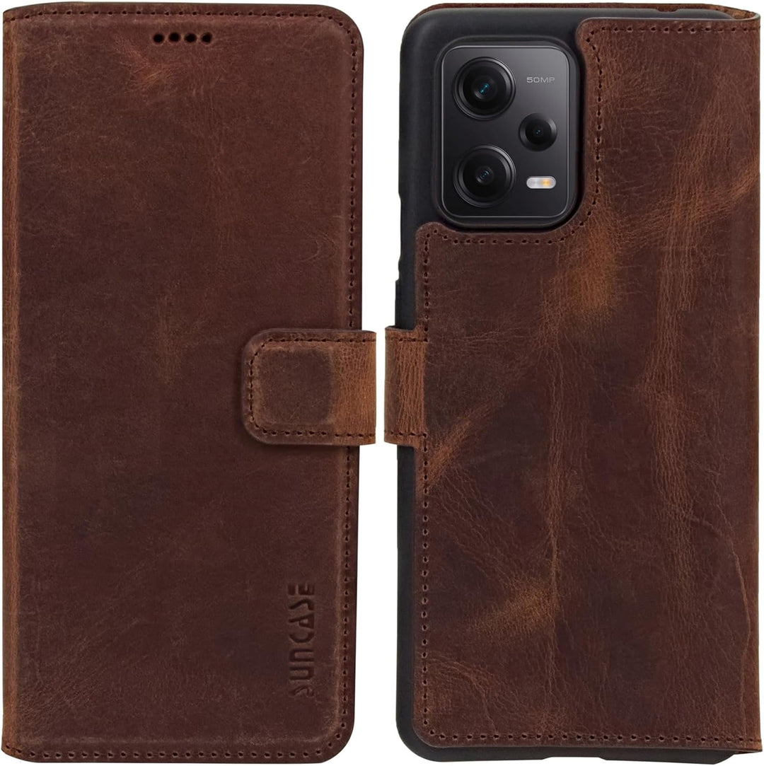 Suncase Book-Style Hülle kompatibel mit Xiaomi Redmi Note 12 Pro 5G Leder Tasche (Slim-Fit) Lederhül