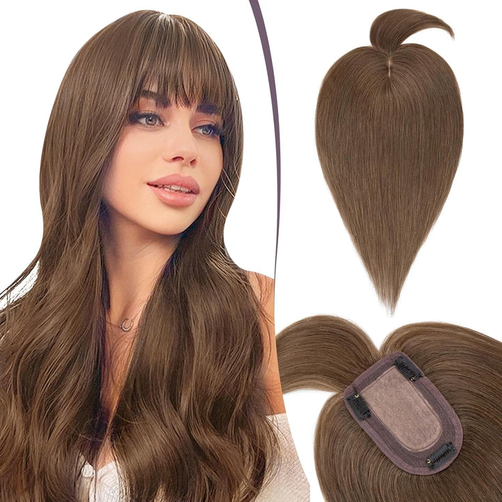 TESS Hair Topper Echthaar Braun, 7x13cm Basis Toupet Damen #4 Braun mit Pony Haartopper Echthaar 53g