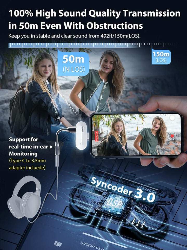 SYNCO Kabelloses Lavalier Mikrofon für iPhone, P1SL 2.4GHz Lavalier-Mikrofon Drahtlos für iPad mit L