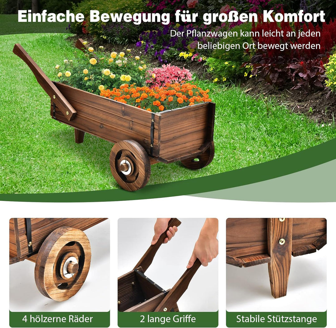 COSTWAY Blumenwagen Holz, Pflanzwagen mit Rädern und Griffen, Blumenkarre mit Abflussloch, Pflanztop